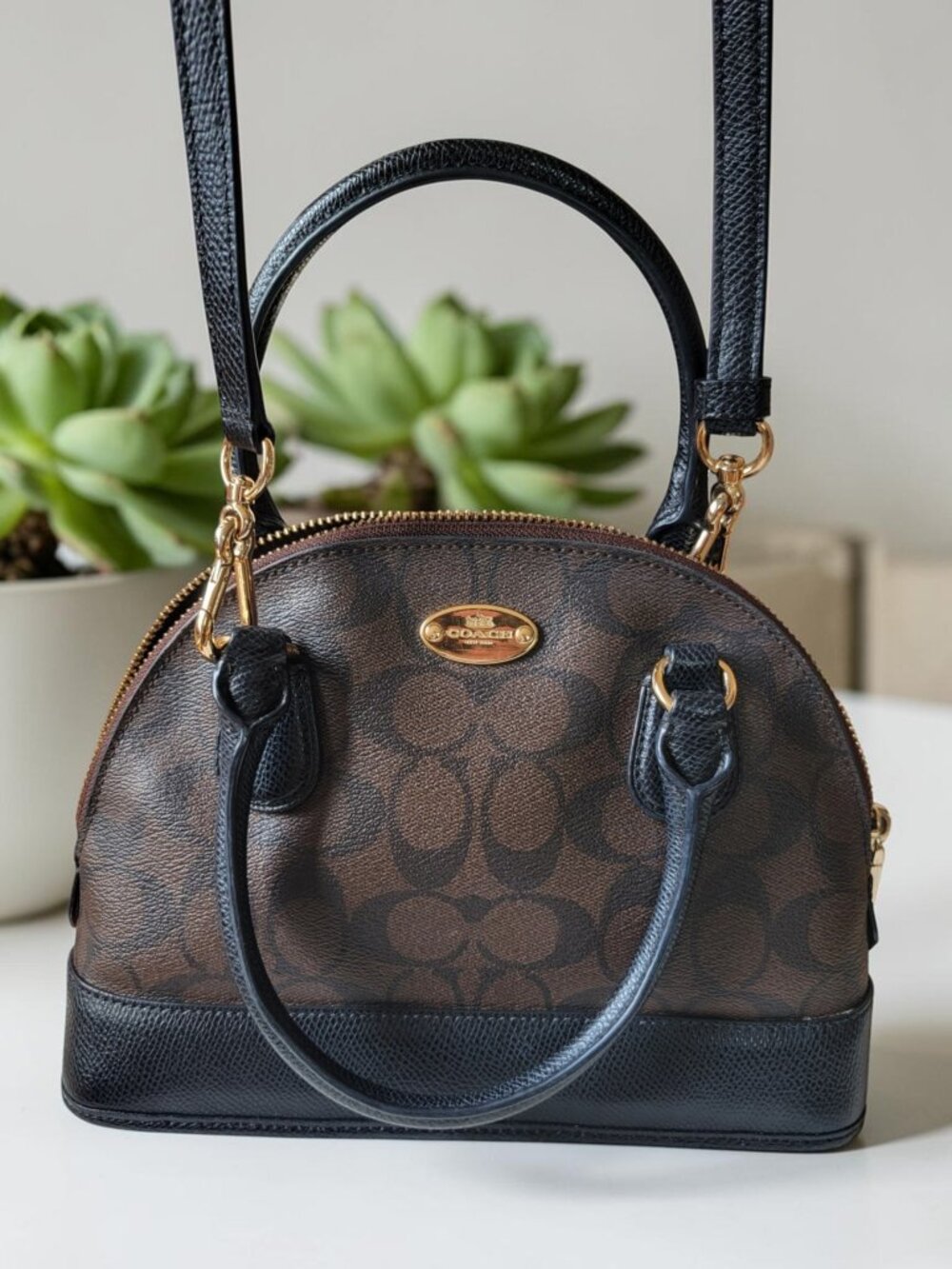 Coach Mini Cora Domed Satchel Signature Canvas Brown Black Gold F34083